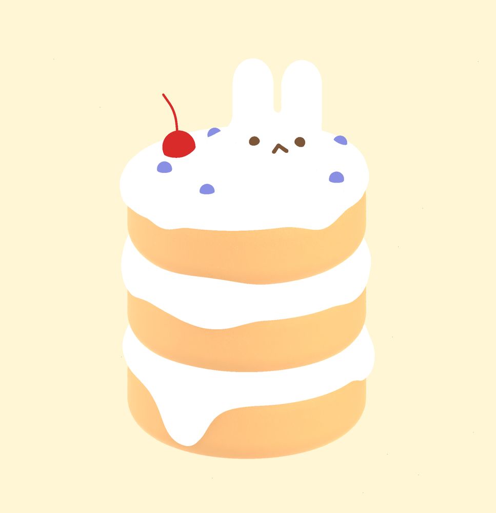 An illustration of pancakes with three pancakes and icing whip between each and on top. At the top, there are five blueberries and a cherry with the whip making bunny ears and there are are little chocolate eyes and mouth.