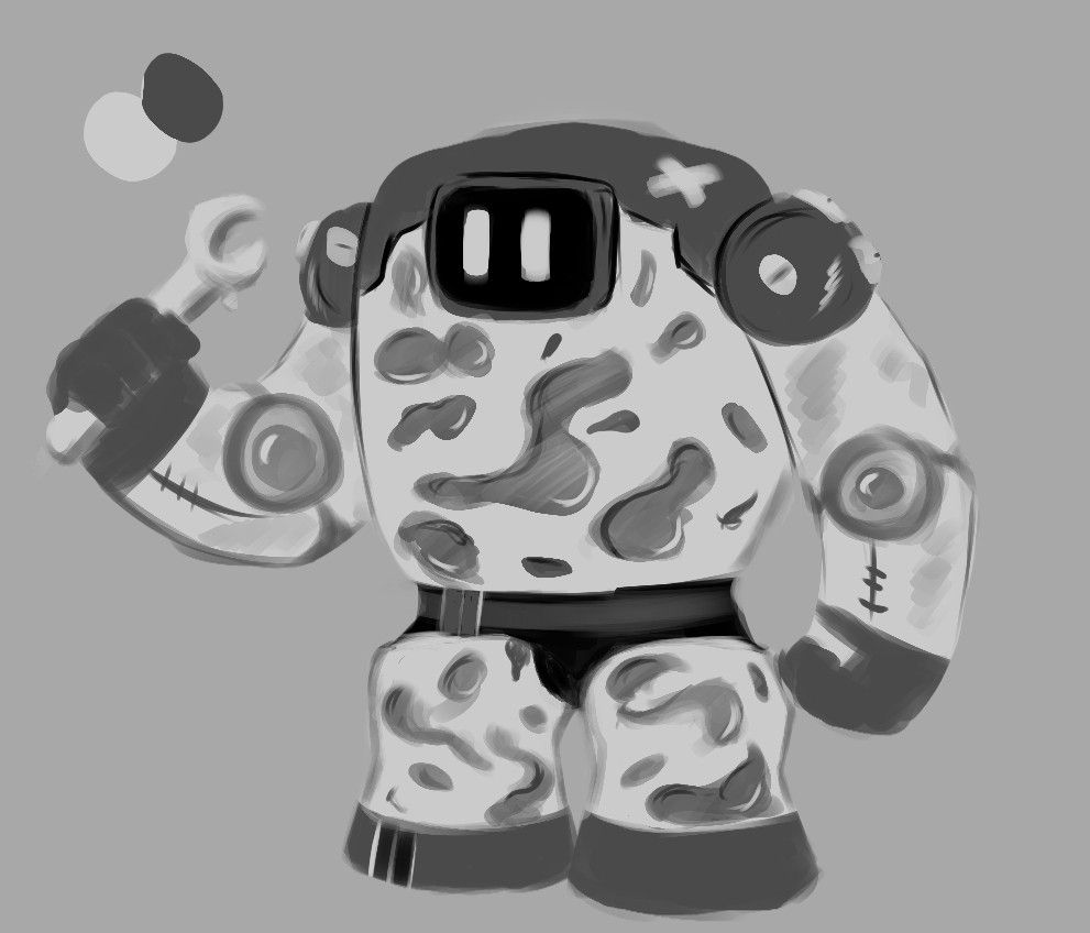 arte digital em preto e branco de um robô semelhante a um lava lamp, ele segura uma chave de fenda