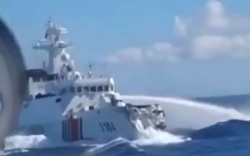 Chinese boat comes off second best after being rammed by a colleague. The bow has been torn off and the boat turned almost all the way around.