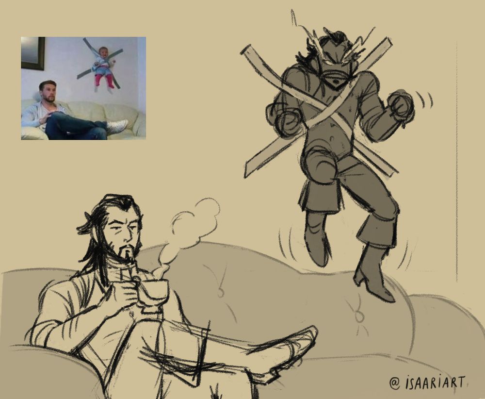 Lucanis Dellamorte from Dragon Age: The Veilguard sits calmly on a couch with a steaming cup of coffee in one hand, while Spite (the spirit/demon that shares his body ) is taped to the wall because he's throwing a tantrum.