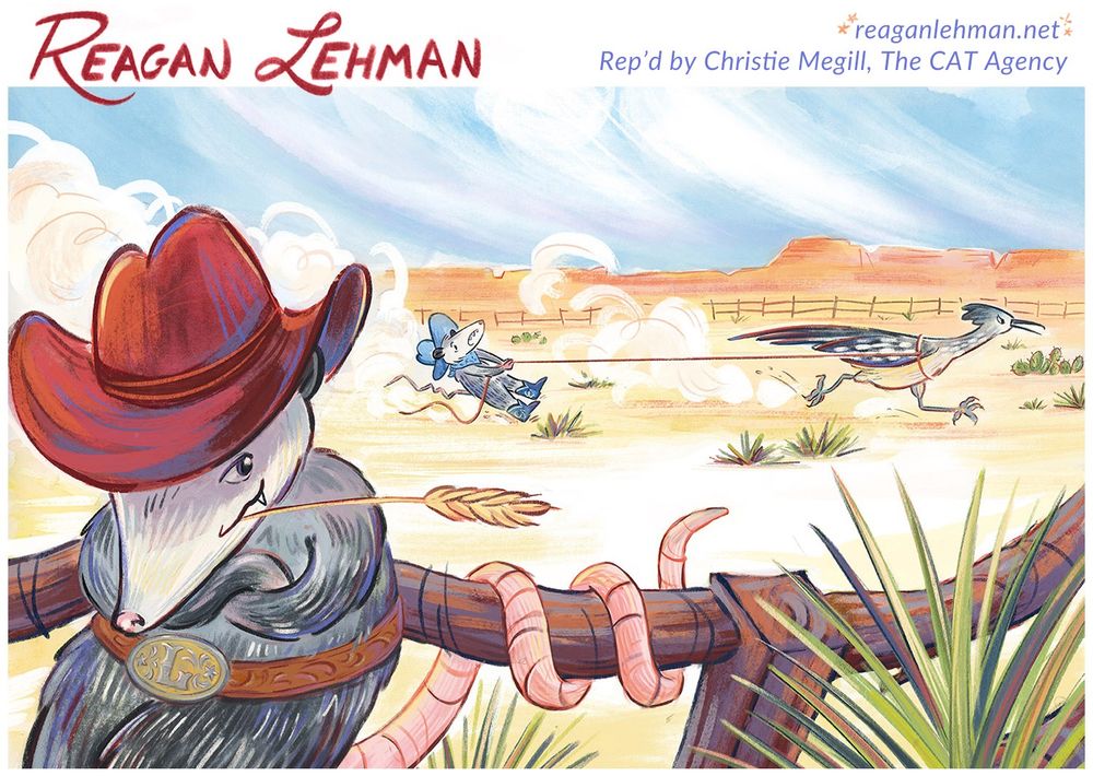 A possum wearing a red cowboy hat and belt with a bedazzled "L" on the buckle leans back against a fence in the foreground. In the background, another possum wearing a blue cowboy hat is dragged along by his lasso as a roadrunner sprints away. They are surrounded by a desert landscape and plateaus. 