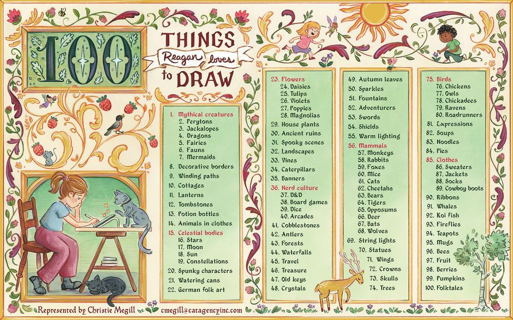 List of 100 things Reagan loves to draw. The image is illustrated in a medieval, illuminated-text style. There are flourishes, floral details, hand-lettered text, little hidden critters, and many other details. There is also a portrait of Reagan drawing at her desk with her two cats, Cash and Jasper. There is also the full written list of 100 things ranging from mythical creatures to autumn leaves to cozy clothing.