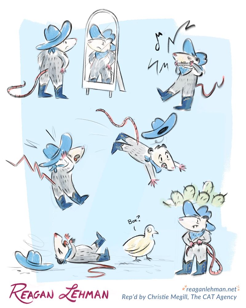 Character study of a possum cowboy. In each study, the possum examines himself in the mirror, plays the harmonica, is startled, falls toward a cactus, plays dead, and holds his tail anxiously. 