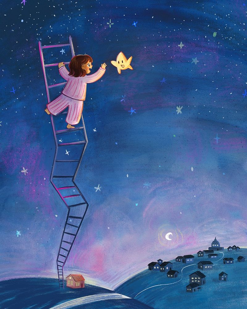 Image of a girl climbing a ladder that leads into the starry night sky. She's wearing pink pajamas and reaches out to a friendly star who reaches back. You can see tiny houses far below her. The sky is filled with twinkling stars against a deep blue and purplish hue. 