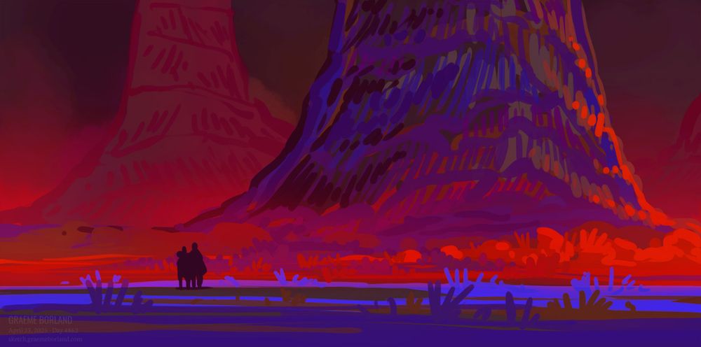Digital art of two small figures standing before a huge red mountain.