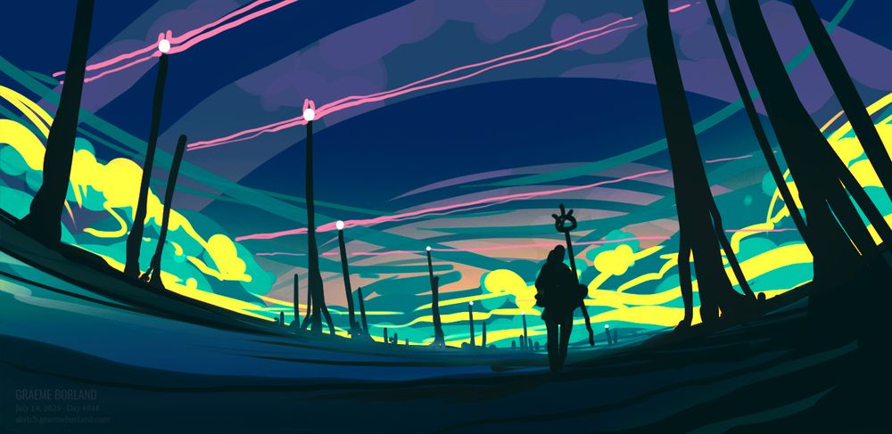 Digital art of a figure with a staff standing in an abstract landscape.
