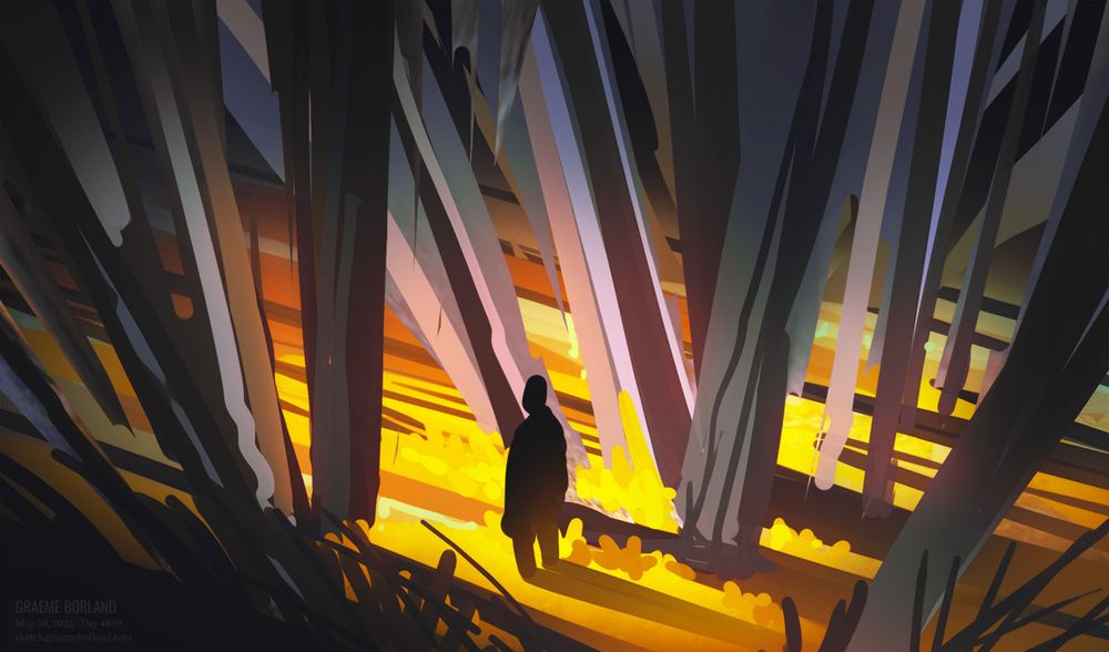 Digital painting over a figure standing in a dense forest.