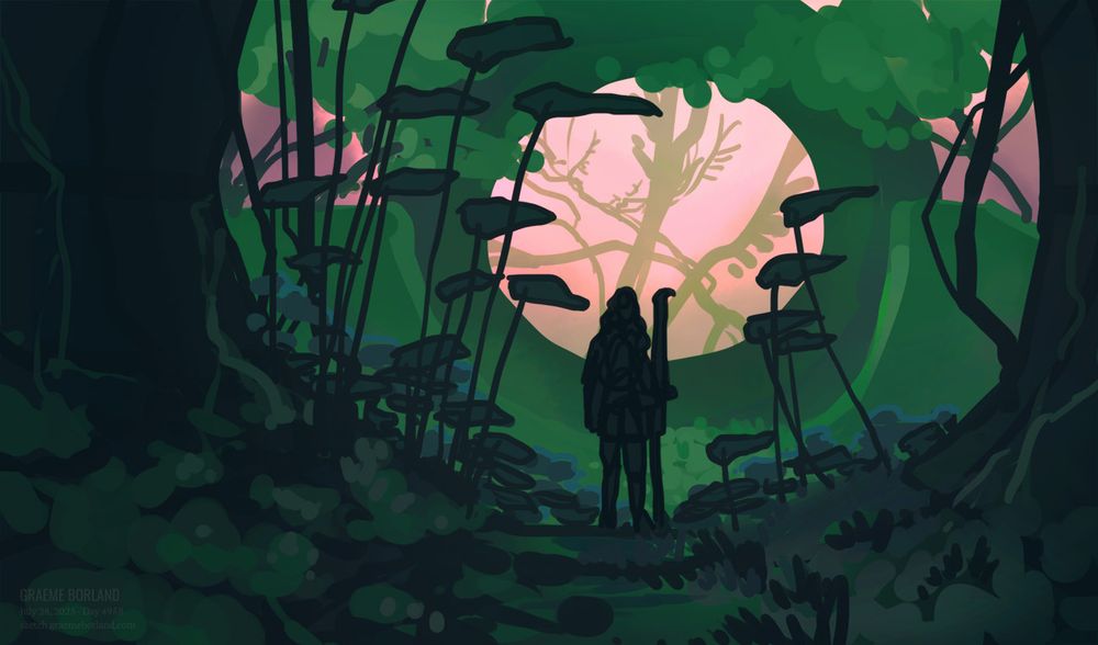 Digital painting of a figure admit lush green plants.
