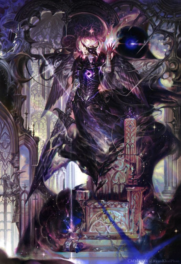 The image shows a character in dark, detailed armor with wings, levitating above a stone throne. A glowing purple black hole is visible on his chest. The character has blond hair and wears a raven mask. In his hand he holds a glowing sphere of energy. The background consists of architectural elements reminiscent of a Gothic cathedral, with arches and stained glass windows.