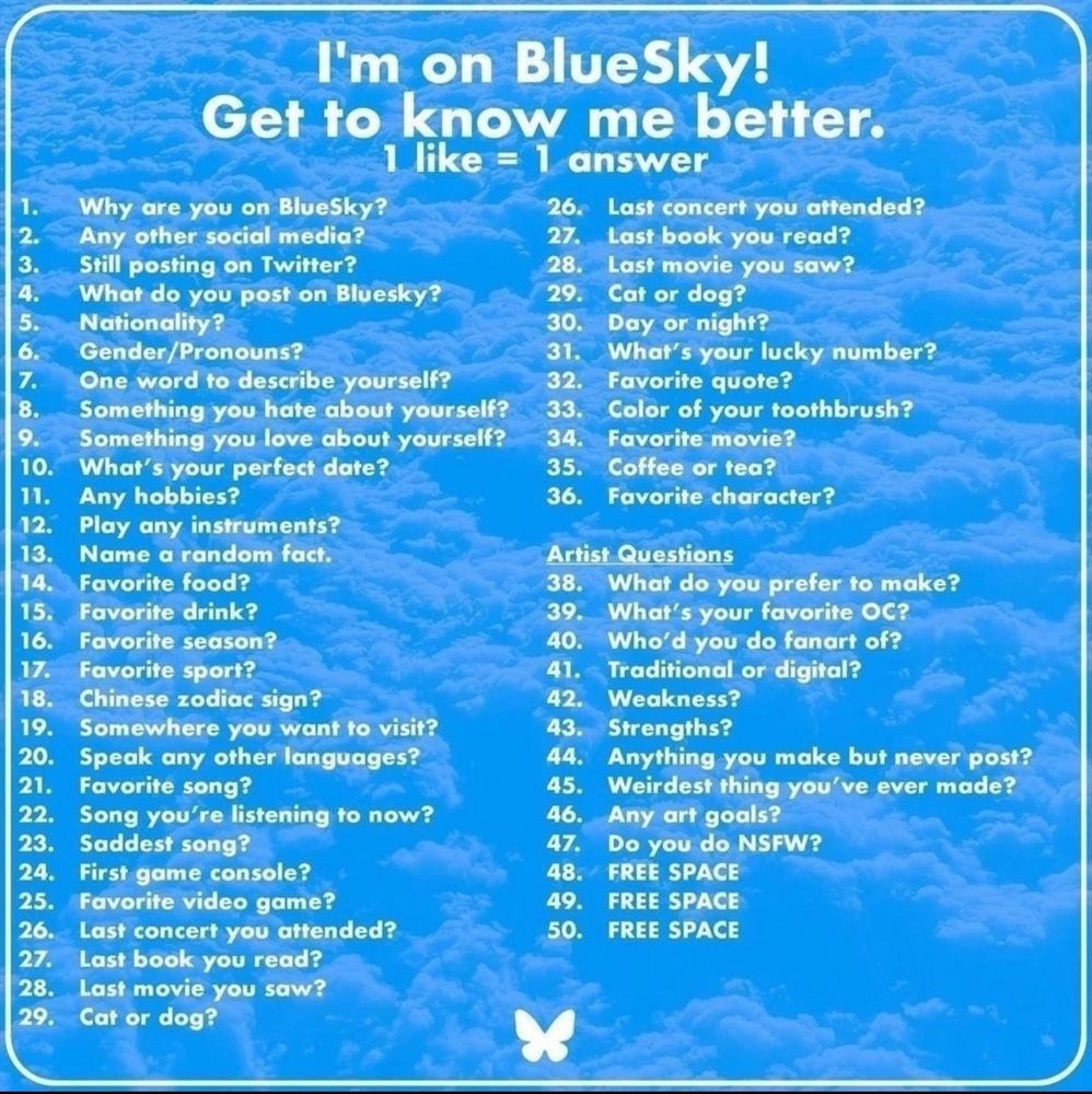 Get to know me list.
1. Why are you on BlueSky?
2. Any other social media?
3. Still posting on Twitter?
4. What do you post on BlueSky?
5. Nationality?
6. Gender/Pronouns?
7. One word to describe yourself?
8. Something you hate about yourself?
9. Something you love about yourself?
10. What’s your perfect date?
11. Any hobbies?
12. Play any instruments?
13. Name a random fact.
14. Favorite food?
15. Favorite drink?
16. Favorite season?
17. Favorite sport?
18. Chinese zodiac sign?
19. Somewhere you want to visit?
20. Speak any other languages?
21. Favorite song?
22. Song you are listening to now?
23. Saddest song?
24. First game console?
25. Favorite video game?
26. Last concert you attended?
27. Last book you read?
28. Last movie you saw?
29. Cat or dog?
30. Day or night?
31. What’s your lucky number?
32. Favorite quote?
33. Color of your toothbrush?
34. Favorite movie?
35. Coffee or tea?
36. Favorite character?