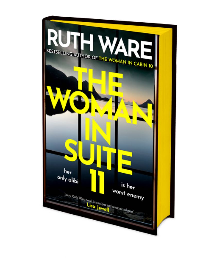 A copy of The Woman in Suite 11 by Ruth Ware, standing upright with bright yellow sprayed edges showing