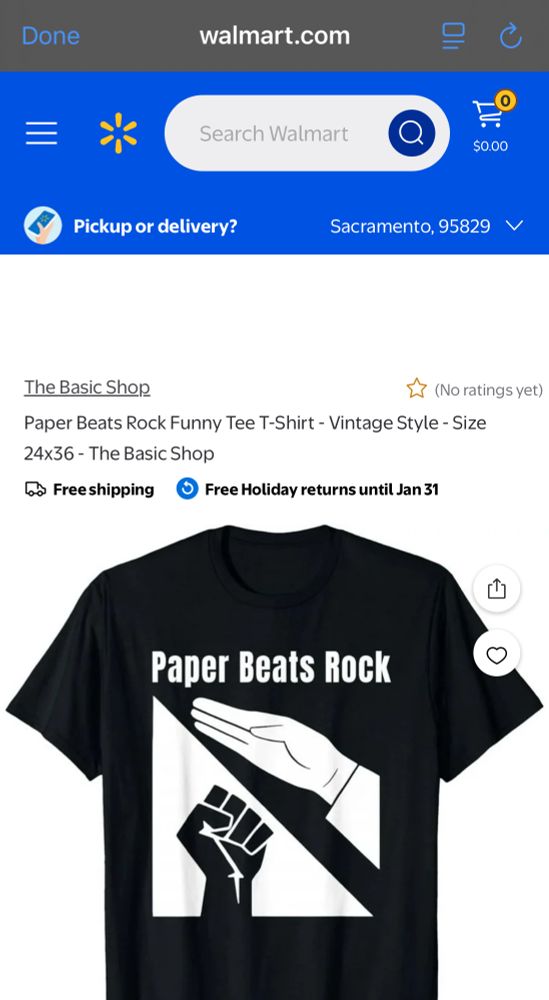 A t-shirt listed on Walmart.com:

T-shirt text: "Paper Beats Rock" with an illustration of a white hand ostensibly performing a Nazi salute, over an illustration of a black raised fist commonly used to symbolize Black Power.