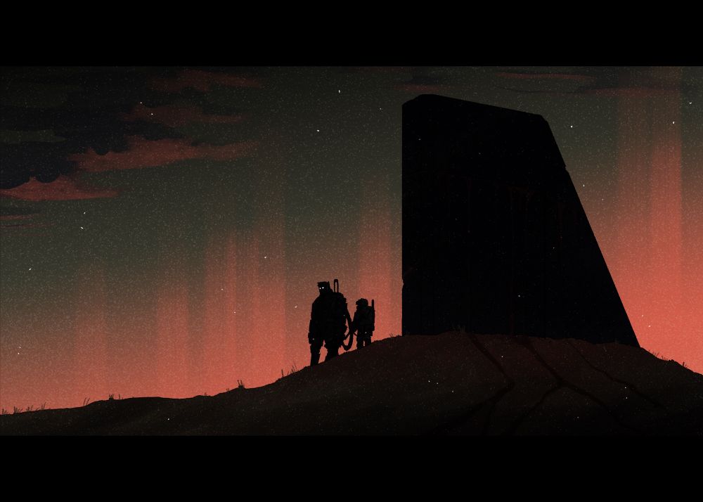 Drawing of a robot and man standing next to a monolith 