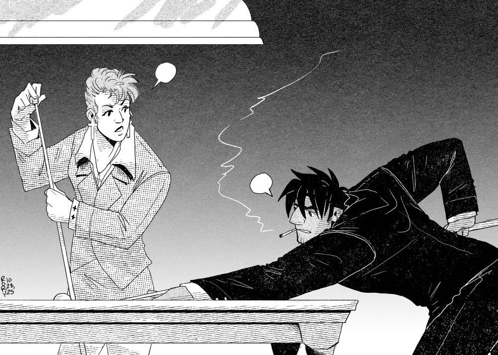 BW sketch of Wolfwood and OC Nicole playing pool 