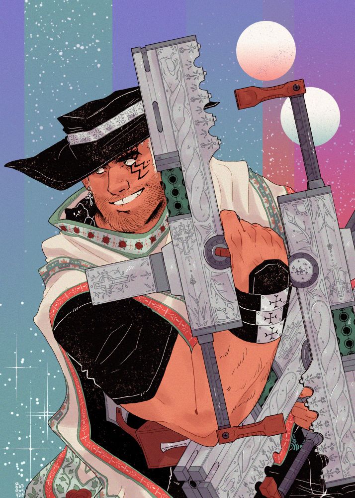 Illustration of Livio the Double Fang with alternate poncho colors and gun designs 