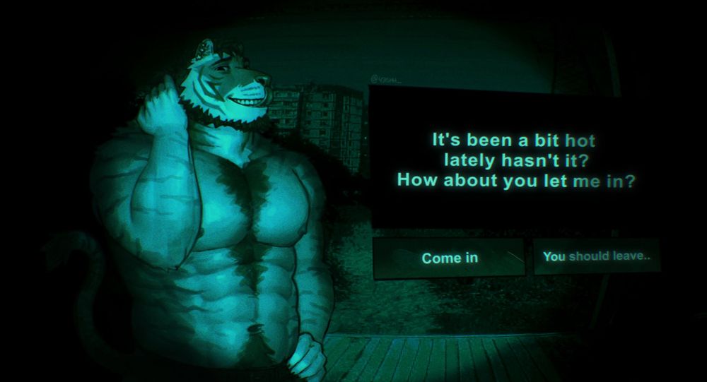 Shirtless tiger making ugly smile at someones front door 