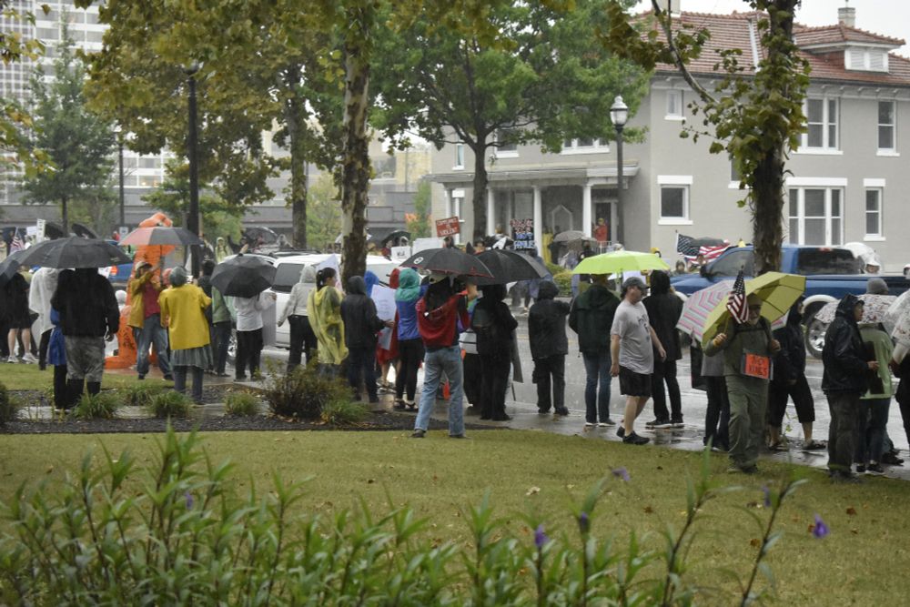 A crowd of protesters line the road in the rain. 