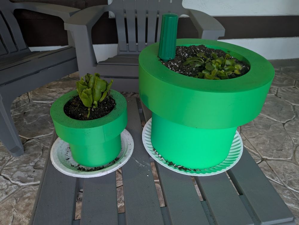 3D printed green warp pipe plant pots.  Contains a pitcher plant and venus fly trap.