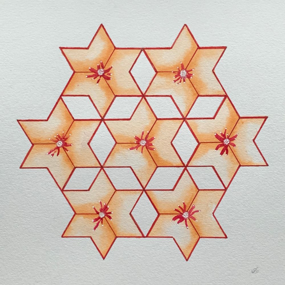 A human made drawing of an concave hexagon grid with 7 orange watercolor flowers outlined with red fine liner.
