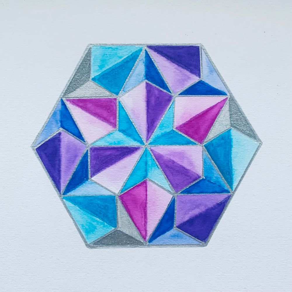 Hexagon tile with concave kites in violet, turquoise, blues, magenta, and silver colors on white watercolor paper.