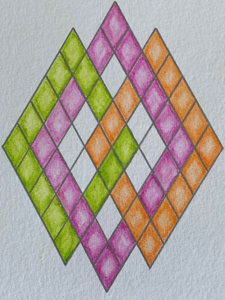 Watercolor painting of three interlocking rhombuses - vertical view 