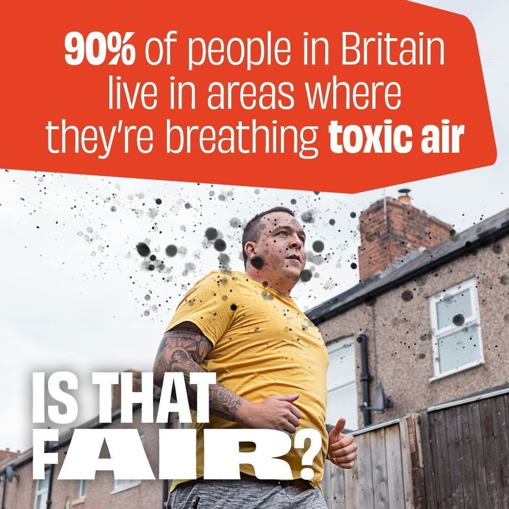 A person is running down a street. The text reads: 90% of people in Britain live in areas where they're breathing toxic air. Is that fair?