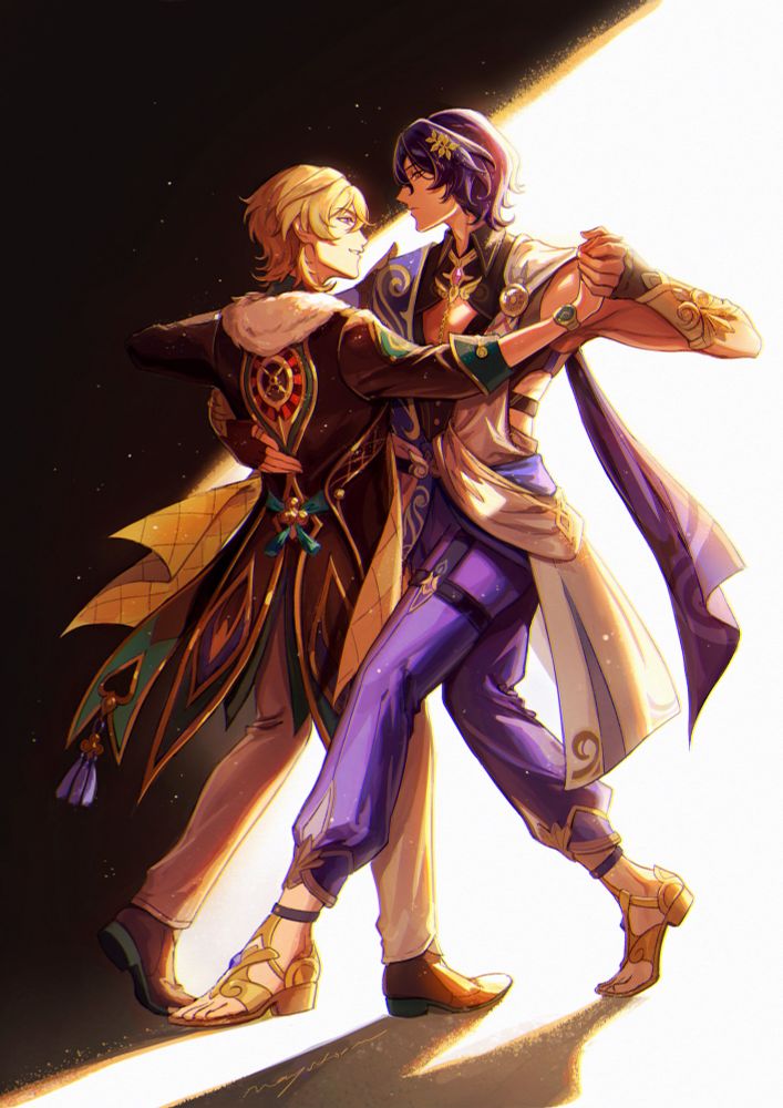 Digital illustration of Aventurine and Dr Ratio from Honkai star rail dancing with each other