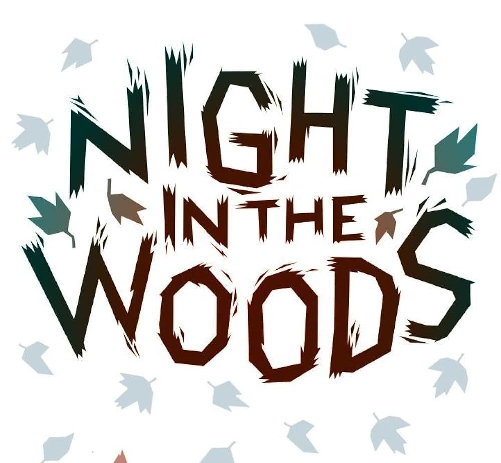 A photo of the logo of the game Night in the Woods. The picture features the name of the game in jagged text surrounded by falling leaves. 