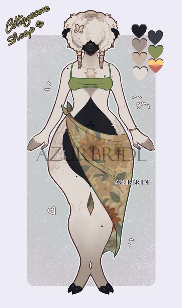 Cottagecore Sheep with creams and black, wearing a green top and a long skirt with a flowery pattern