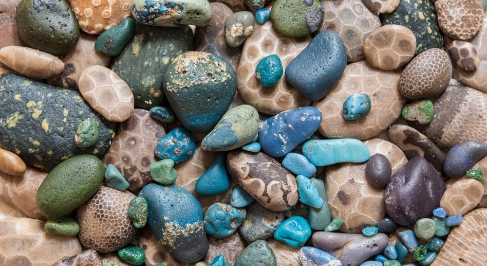 A pile of Petoskey stones, Leelenau blue, and other stones from the Great Lakes 