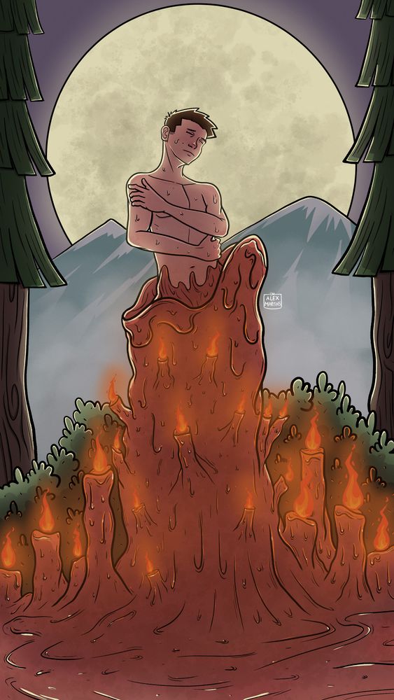 Illustration of a male figure inside of an already burning candle, while surrounded by other candles, bushes, trees, mountains, and a full moon behind to illuminate a night of low emotion