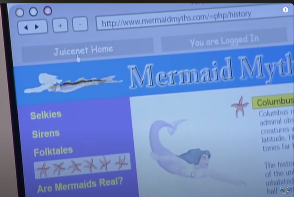the fictional mermaidmyths.com from S1E5 of H2O: Just Add Water

it has some mermaid clipart on it and a bunch of random text from a newsletter from the 1990s