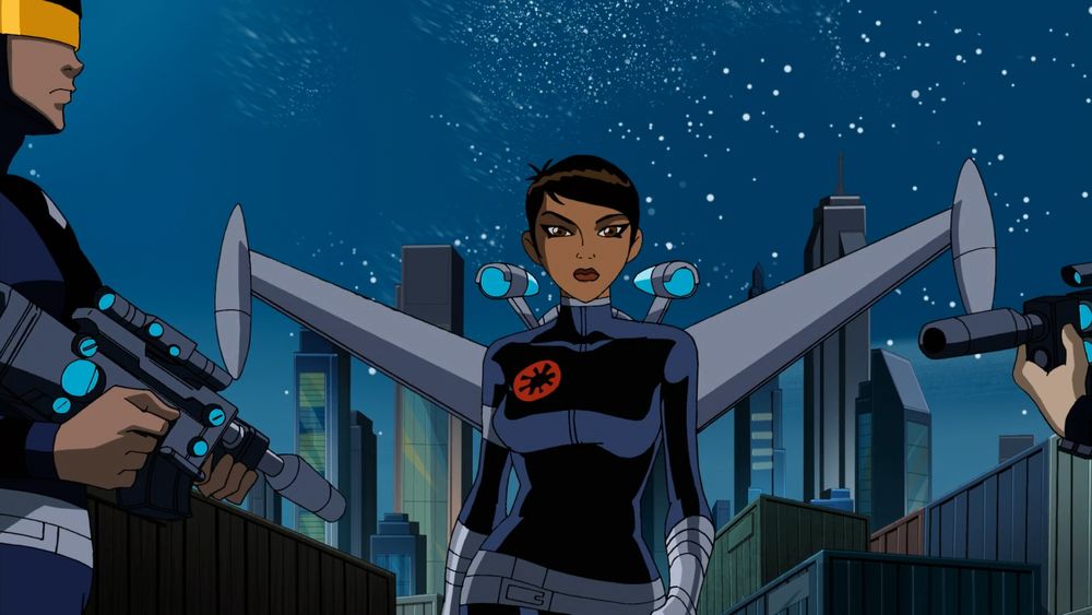 In the unedited screenshot, Agent Hill of S.H.I.E.L.D. stands in the middle of the frame. She's wearing a combat repulsor pack and she's walking towards two subordinate male agents who are almost cropped out of the image. They both have their futuristic guns drawn. In the background is the city skyline and a starry sky beyond.