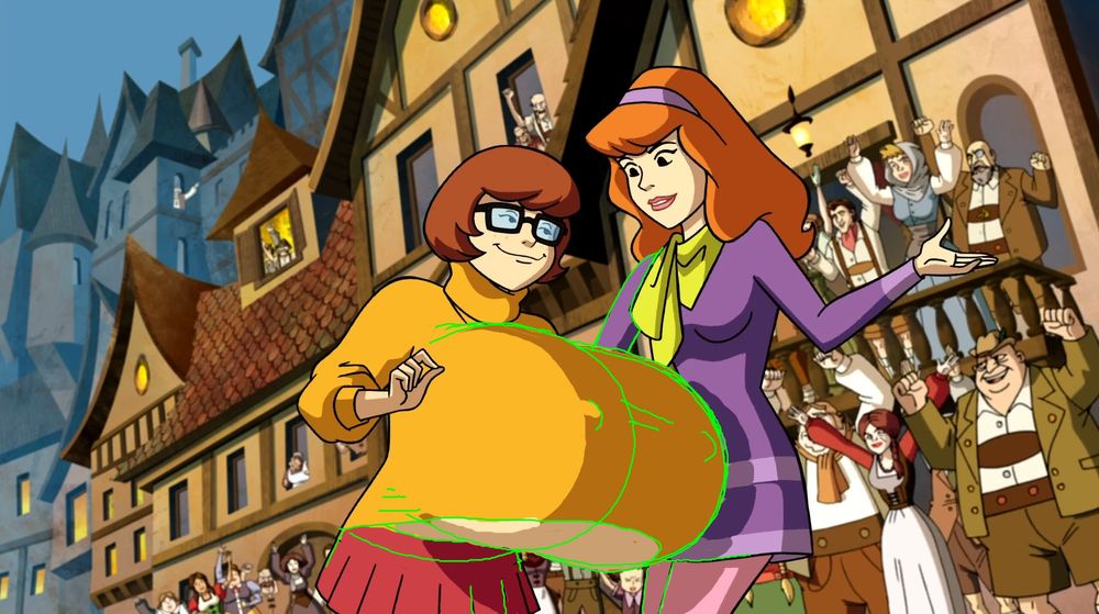 A green-lined sketch for a version of this where Velma was the one with the fake boobs. Here because Velma is shorter, her jugs key into Daphne well and despite their vast size, they're low enough that they don't obscure Daphne's chest.
