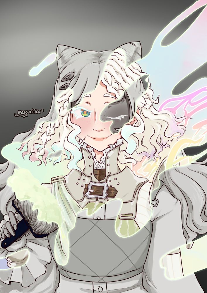anna from dislyte painting the screen. part of it is her from the past, the other half is her current esper transformation