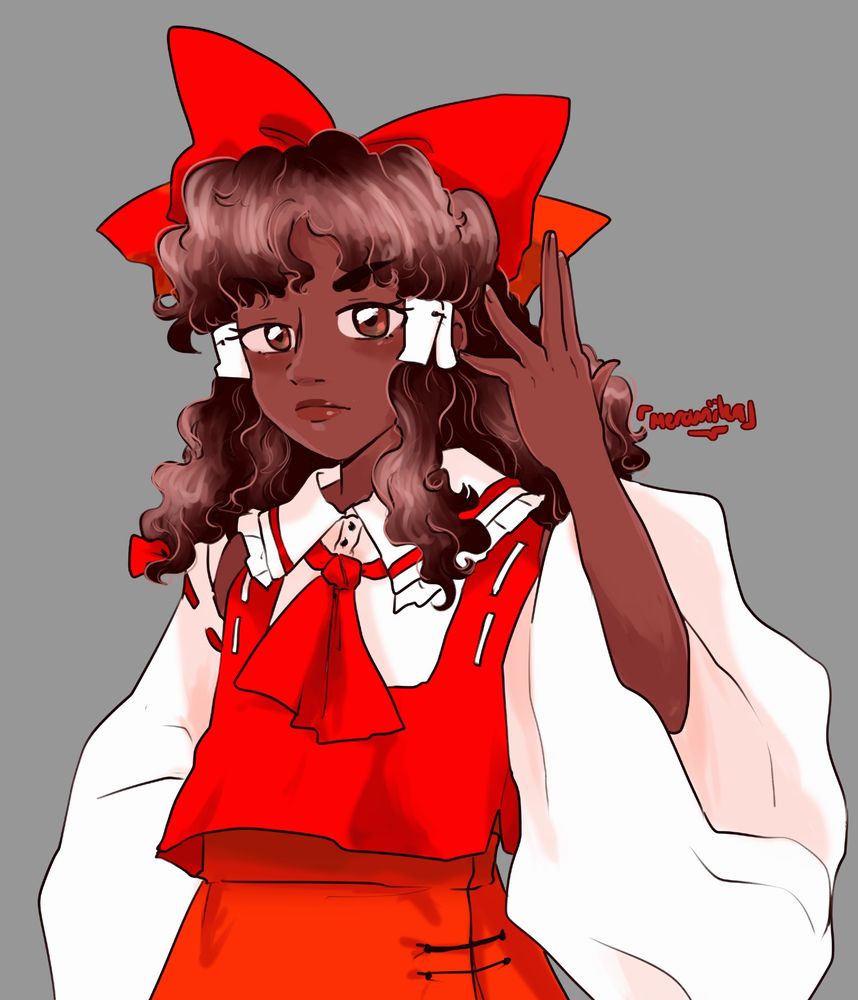 reimu from embodiment of scarlet devil if she was black with her hand up in a exorcism style pose