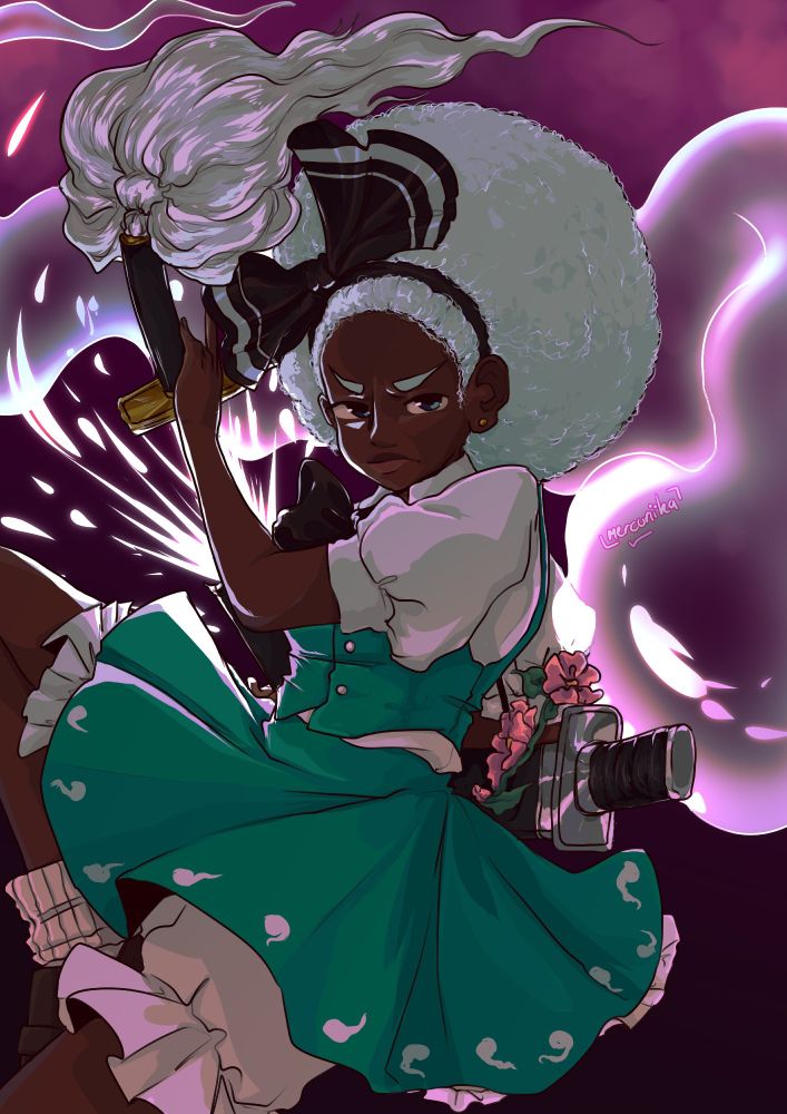 a depiction of black youmu fro the touhou project with an afro in a dynamic pose like she is about to cut something, accompanied by her ghost half