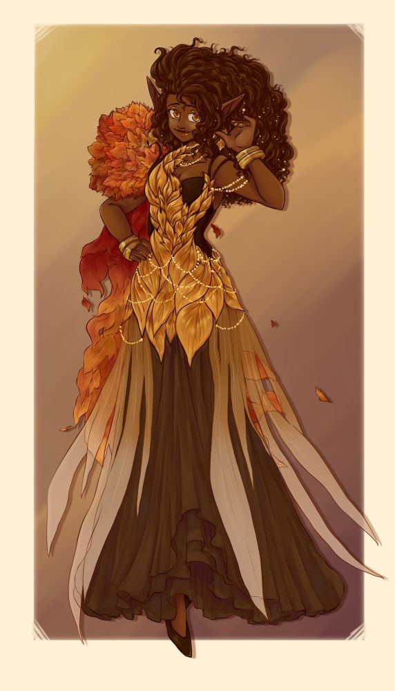 artwork of a dark skinned eladrin called vernal. she wears a ballgown covered in gold leaves, with a autumnal leaf cape and her brown hair swept to one side.
