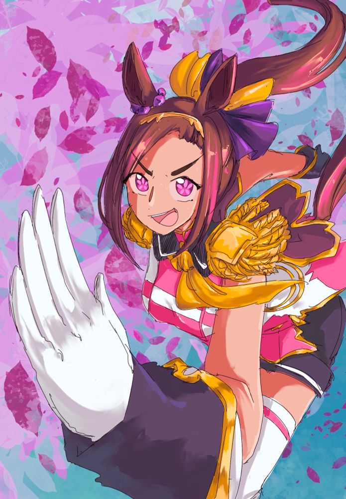sakura bakushin o from uma musume in her racing attire dynamically running in a diagonal with flower textures in the bg