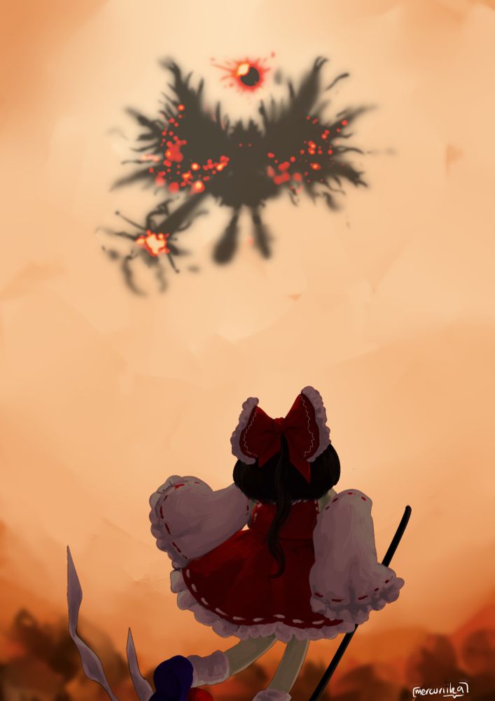 art of reimu facing off against a shadowy image of okuu