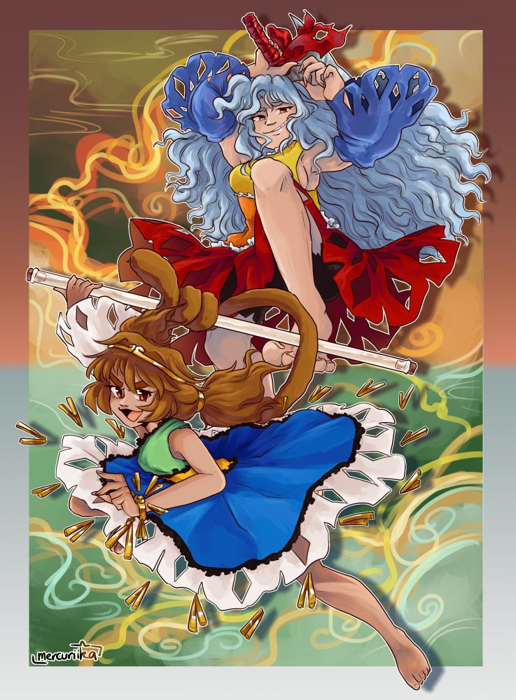 son biten and nemuno from the touhou project in a dynamic duo pose. biten has her staff behind her and nemuno leaps from behind her with her cleaver above her head