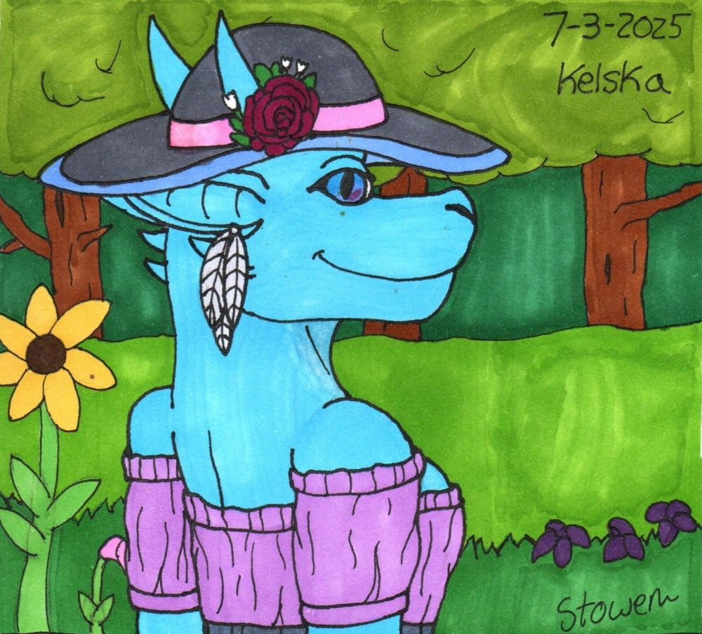 A blue kobold with a wide brimmed hat glances back towards the POV with flowers, a field and forest in the background.