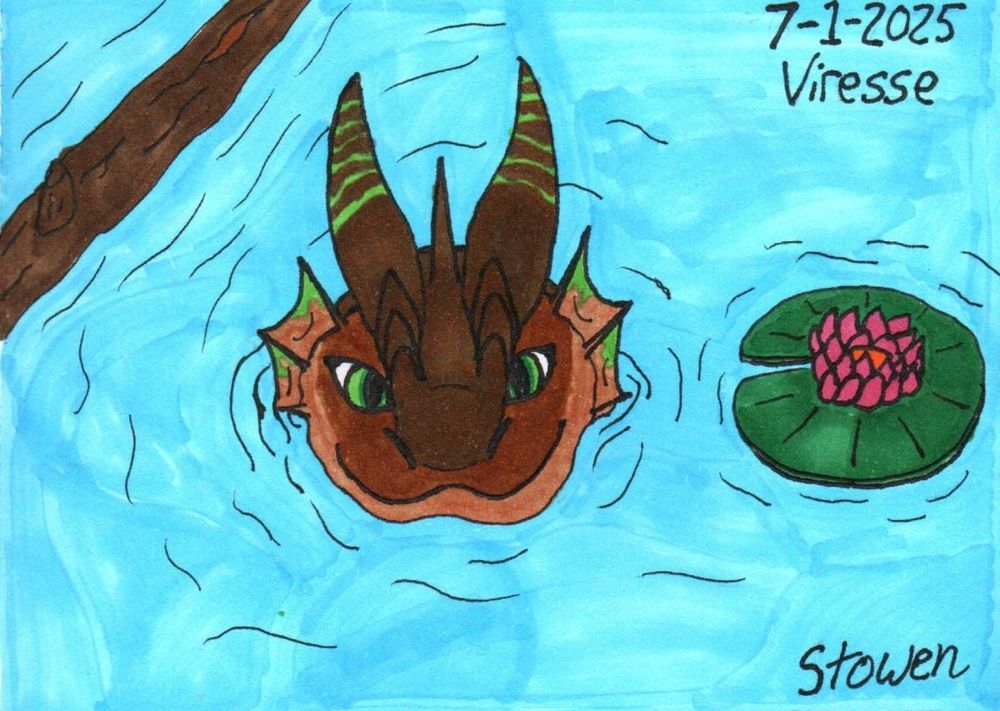 A light brownish dragon floats with just her head peeking above the water, a lilypad and floating branch are nearby
