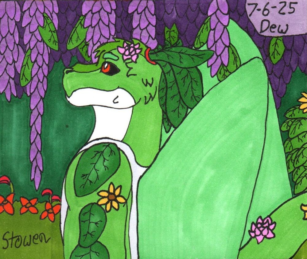 A plant covered green dragonoid figure walks through a forest garden, flowers blooming on him and around him.