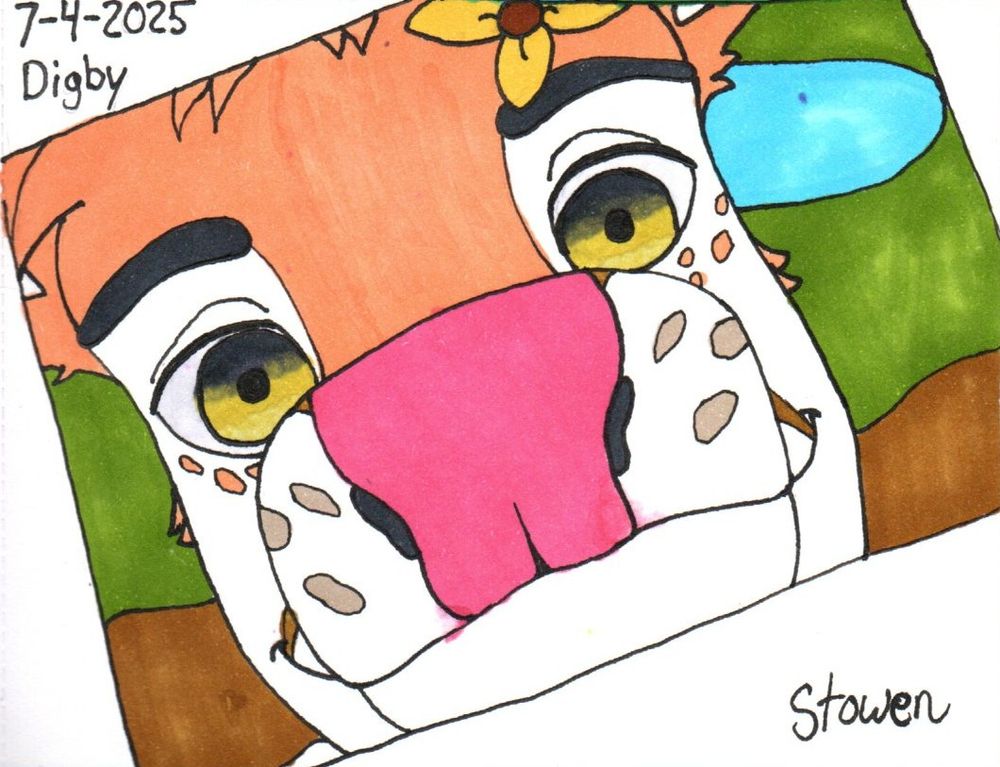 A deer anthro sticks h is face into a camera with his nose in primary focus, a park in the background
