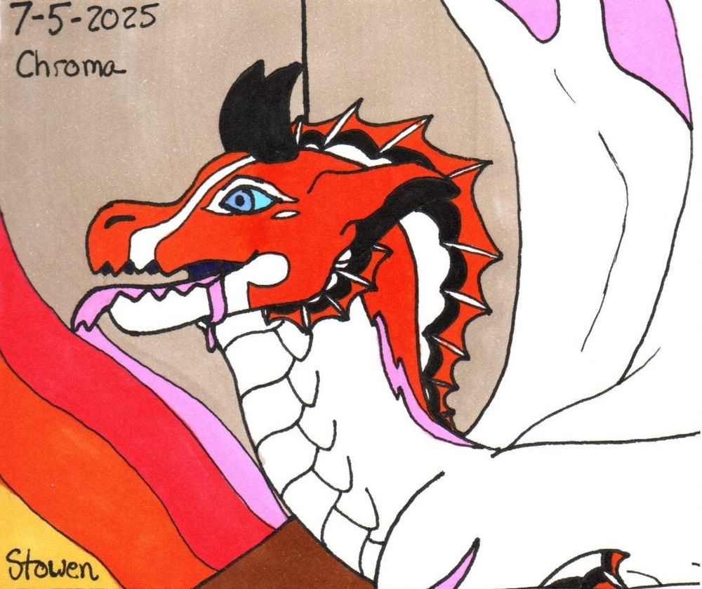 Orange and white dragon licks a wall applying a coat of pink paint. Streaks of red, orange and yellow precede the pink on the wall. 