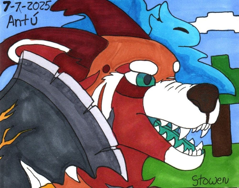 A red panda designed character snarls in excitement towards the right side, an axe at the ready and his companion flying beside him.