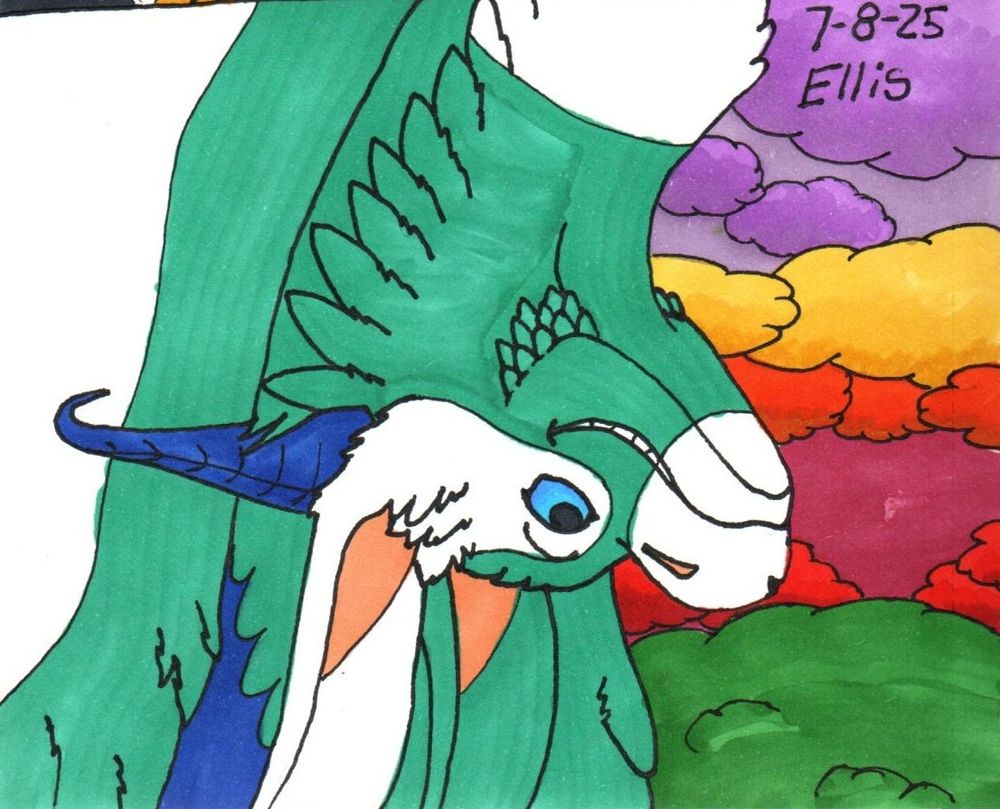 A teal and white dragon hangs upside down with a grin on her face, a tree behind her and a varying array of sunset colors in the clouds.