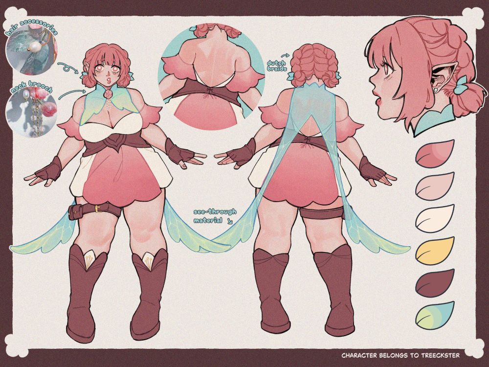 A front and back full body reference of my OC Tomoko Takahashi in a fantasy outfit design. There are images of a hairpin that inspired certain aspects of her design such as her hair accessories and her neck brooch. There is also a side profile, and a reference of her back uncovered by her sheer collar/capelet. Under the side profile is her colour palette on leaf shapes. 