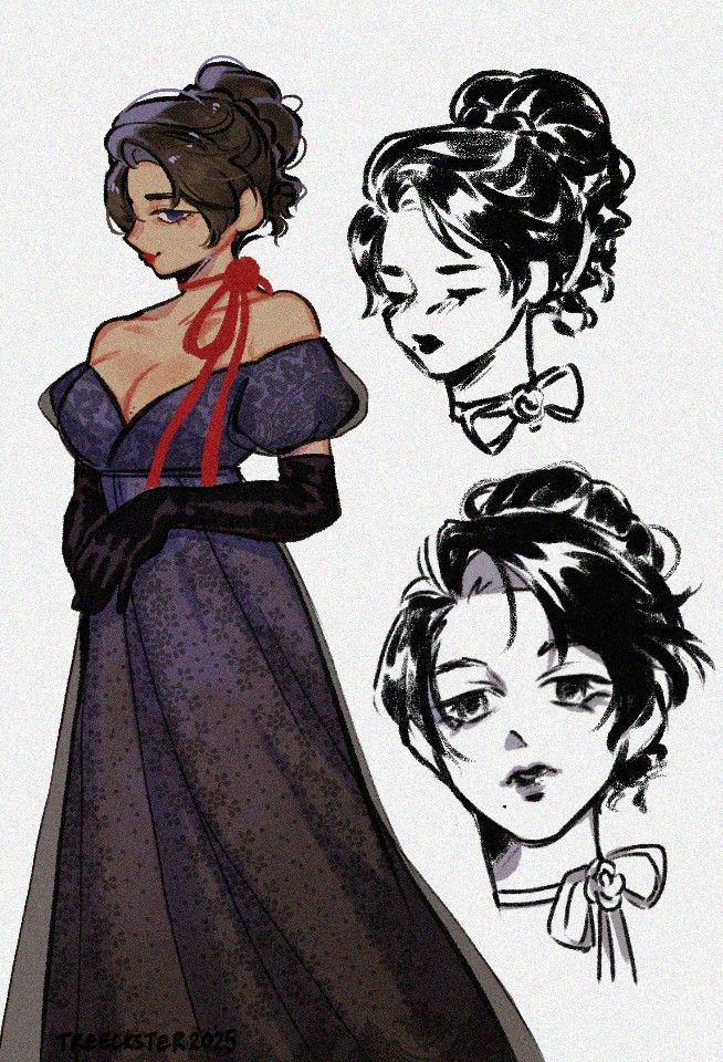 A mostly fully body illustration of a woman. She has black hair tied into an updo and she is looking at the viewer with a coy expression. She wears a black dress with an empire silhouette, and there is a red ribbon tied around her neck with a rose. There are two headshots on right showcasing her different expressions. 